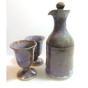Studio Pottery WINE GOBLETS & DECANTER PITCHER + STOPPER Purple Gray